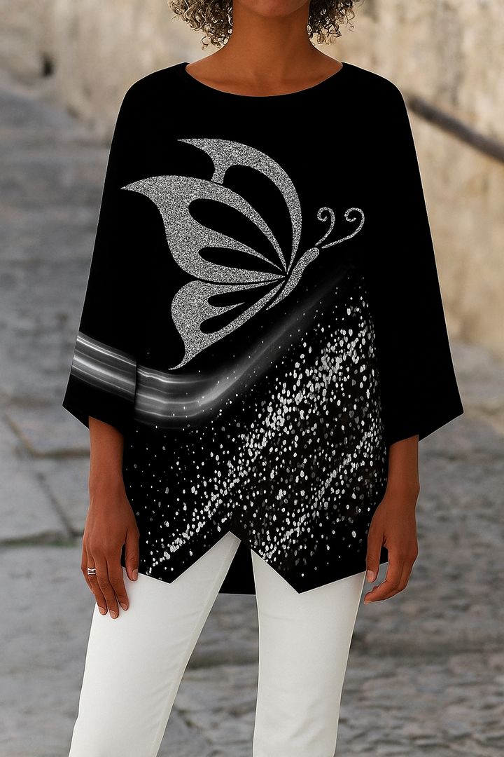 Kvinners Sommerfugl Print Bluse Rund Hals & Lange Ermer