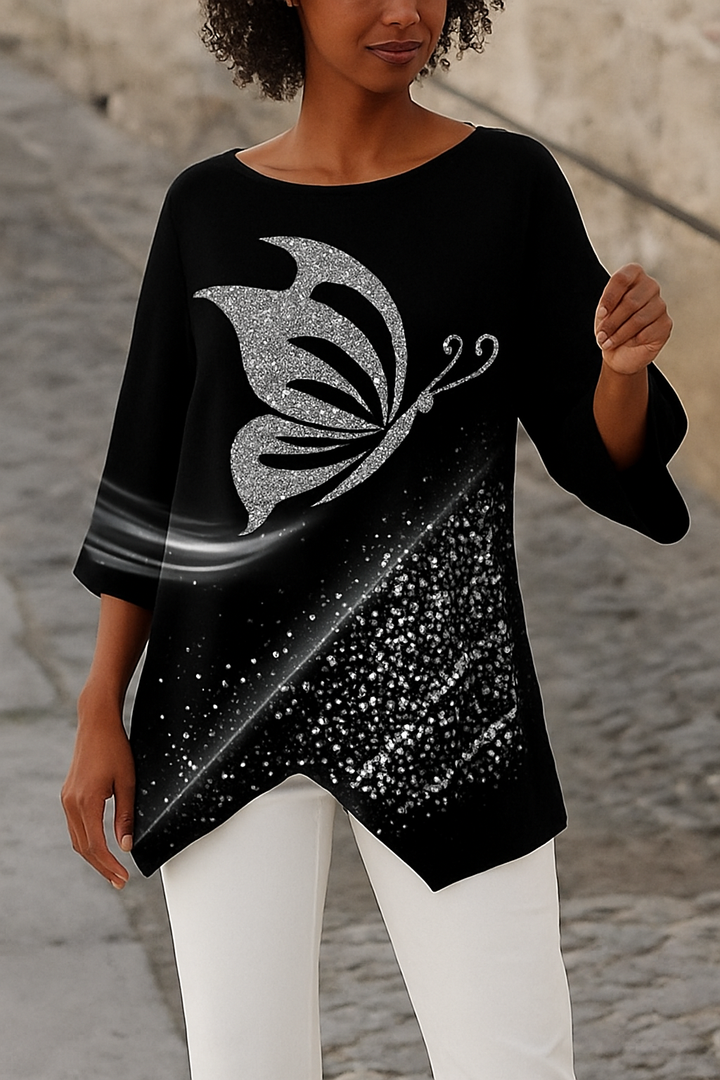 Kvinners Sommerfugl Print Bluse Rund Hals & Lange Ermer