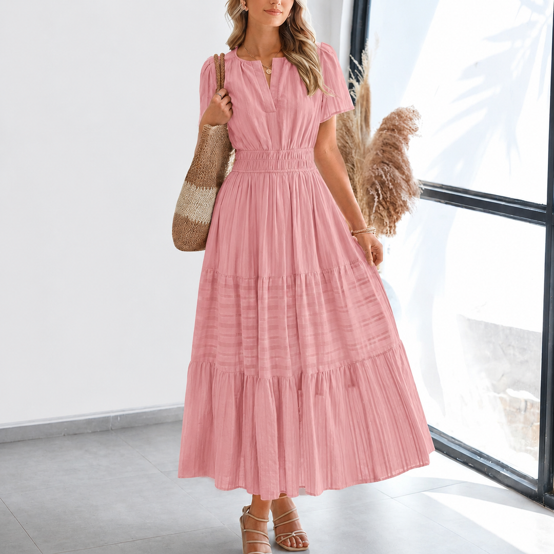 Kvinners Pleated Puff Sleeve Maxikjole
