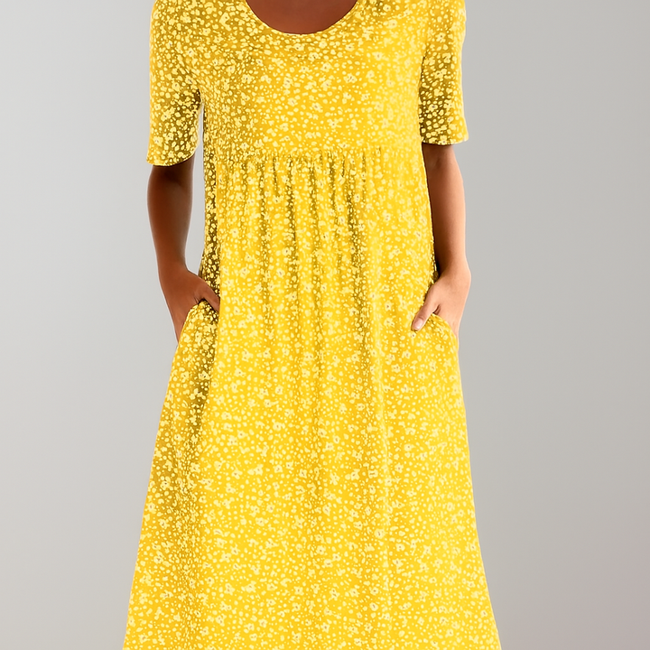 Blomster Høy Liv Midi Kjole med Lommer