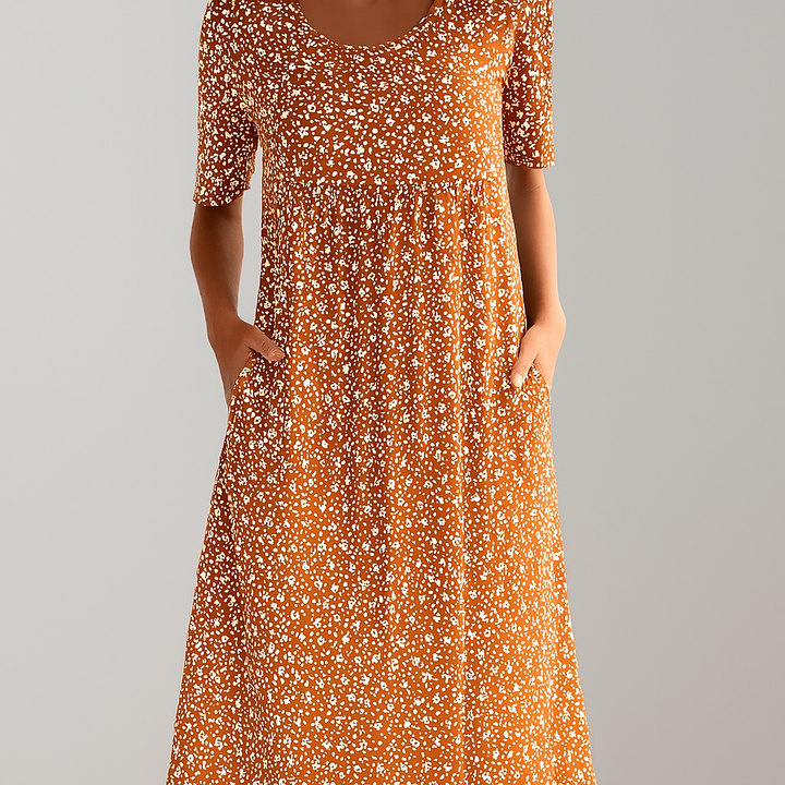 Blomster Høy Liv Midi Kjole med Lommer