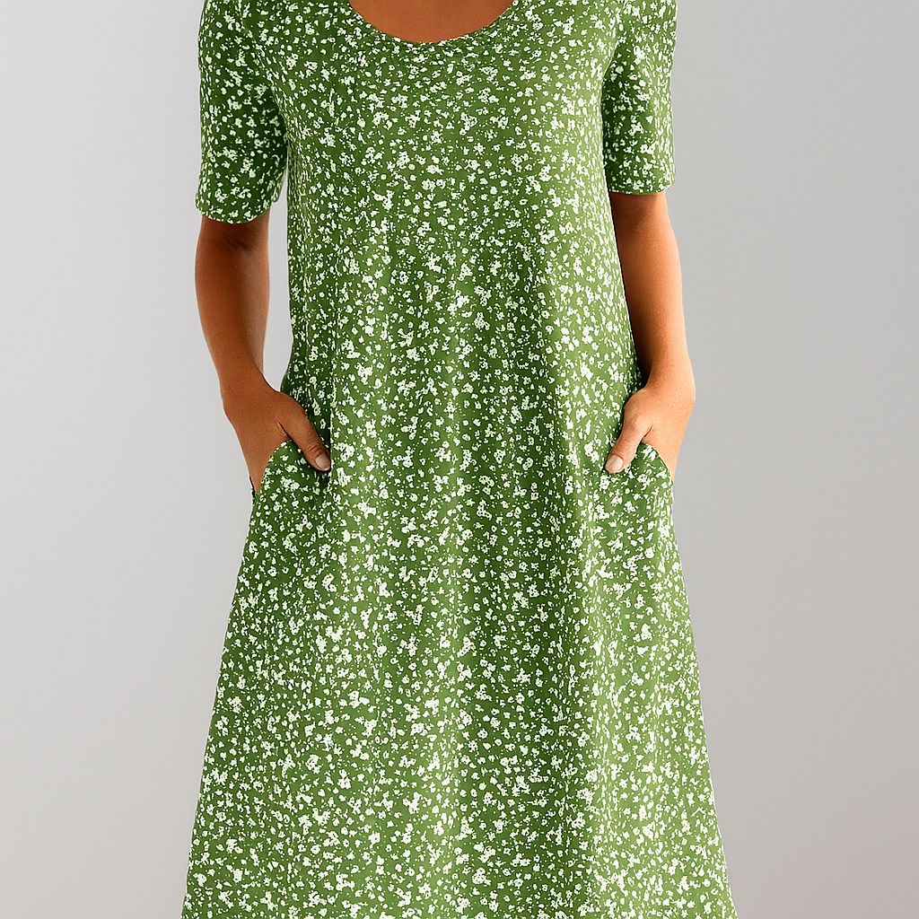 Blomster Høy Liv Midi Kjole med Lommer