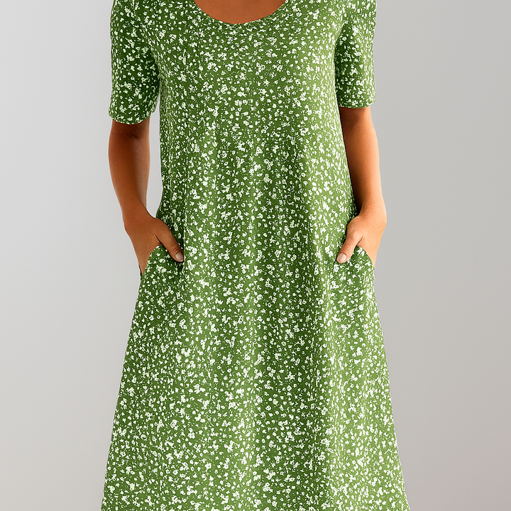 Blomster Høy Liv Midi Kjole med Lommer