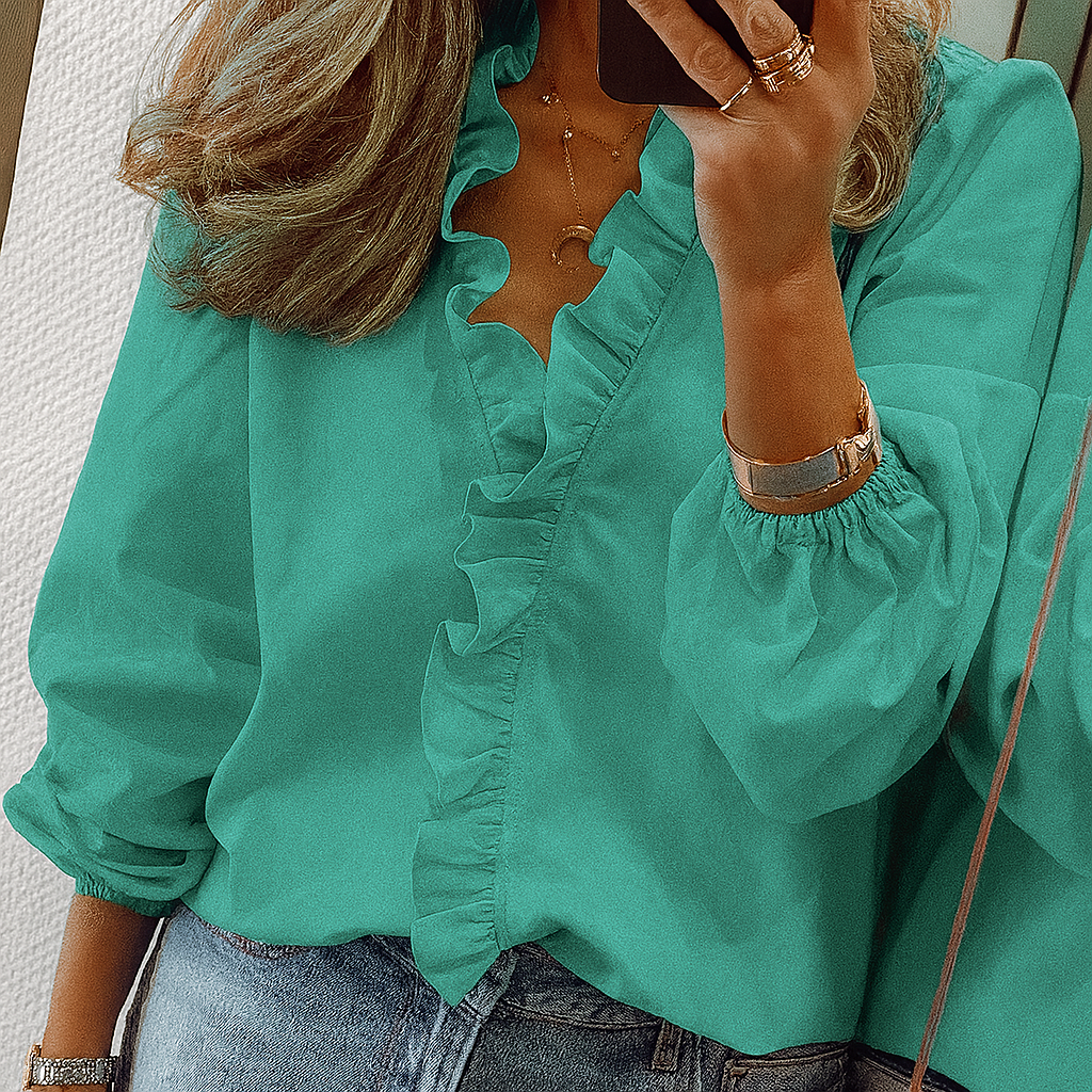 Teal Ruffle Trim Bluse med Puffermansjetter