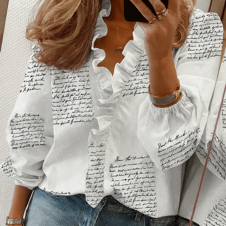 Teal Ruffle Trim Bluse med Puffermansjetter