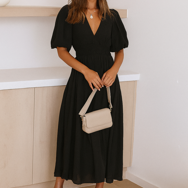 Kvinners V-hals Midi Kjole med Elastisk Liv
