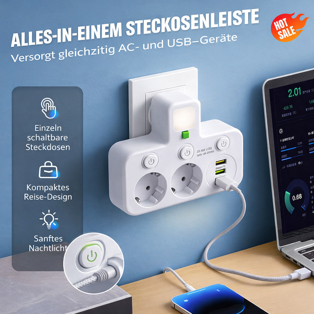 Stikkontaktlist med USB og brytere | Flerveis stikkontakt med overspenningsvern 2500 W