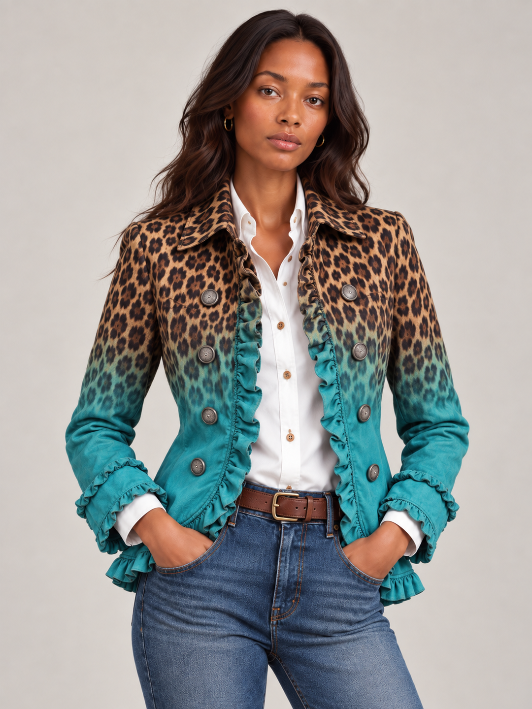 Blazer til dame med leopardmønster i fargeovergang og volanger, med dobbeltspent front