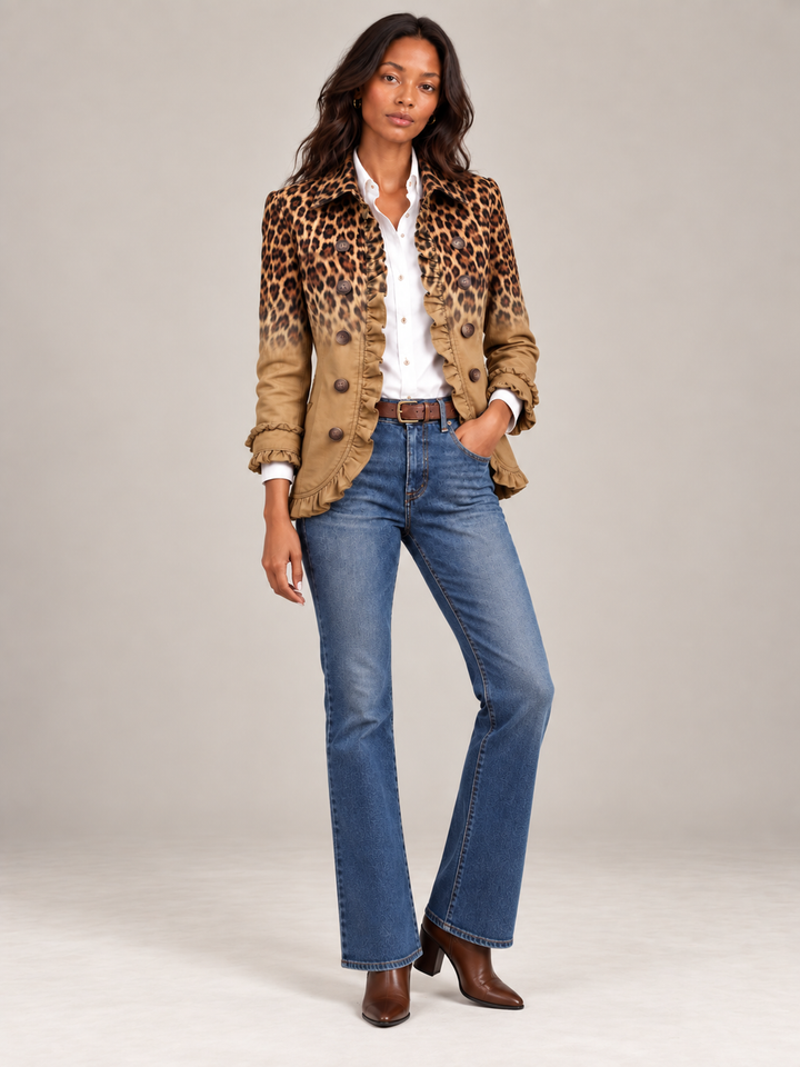 Blazer til dame med leopardmønster i fargeovergang og volanger, med dobbeltspent front