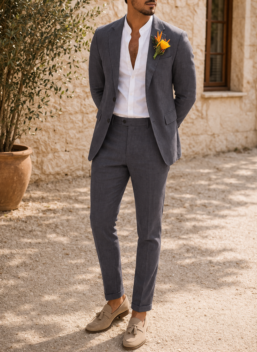 Skreddersydd herredress i lin – elegant todelt dress for spesielle anledninger