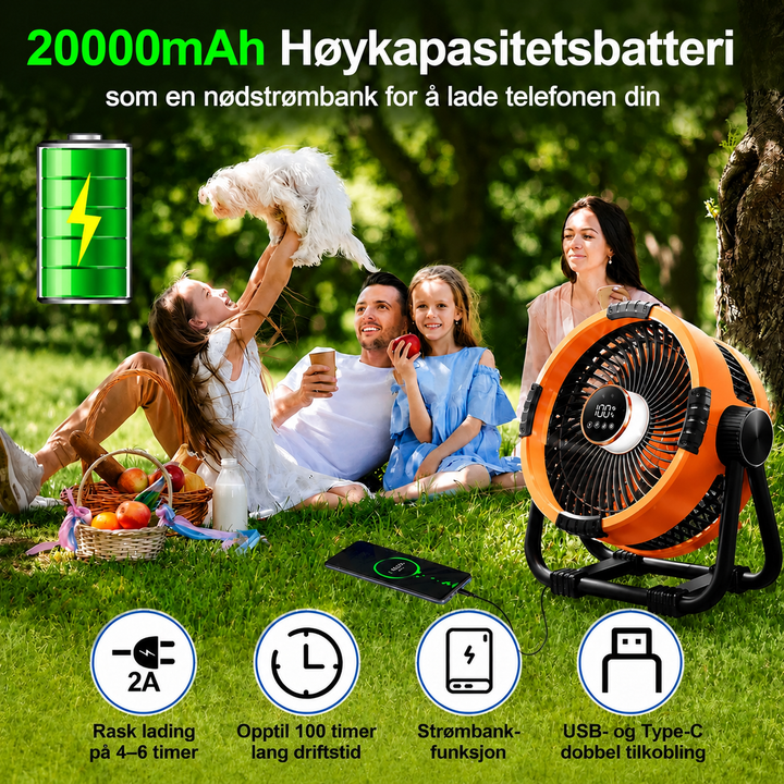 Campingvifte med 20 000 mAh powerbank