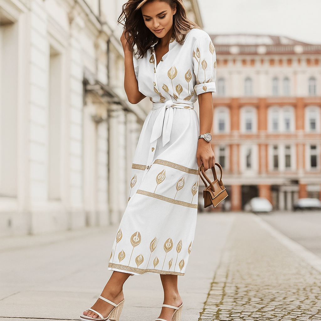 Beltet Lin Blandet Casual Kjole