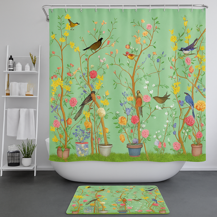 Livlig grønn baderomsdekor med matchende matte