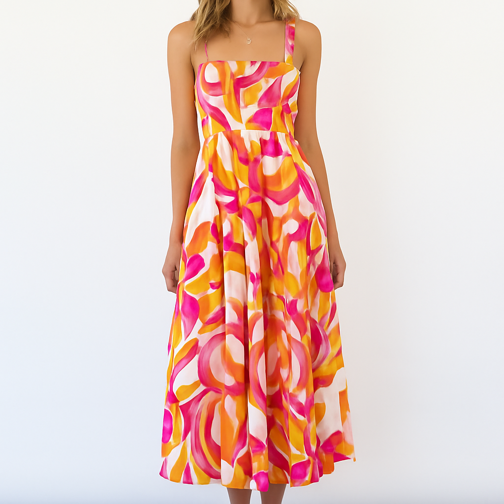 Flowy Vintage Trykt Spaghetti Stropp Kjole