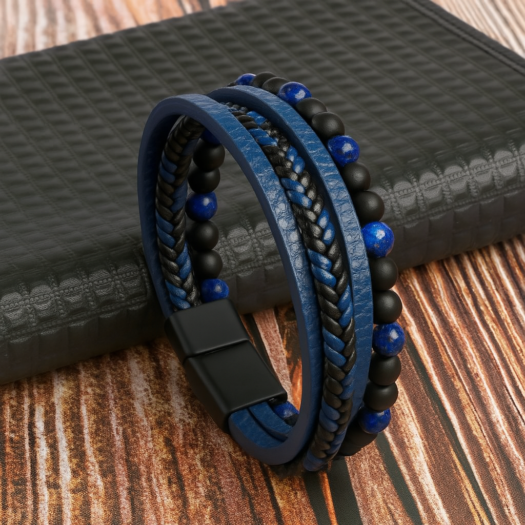 Herres lagdelte lær- og steinperlearmbånd