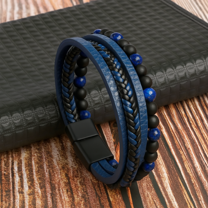 Herres lagdelte lær- og steinperlearmbånd