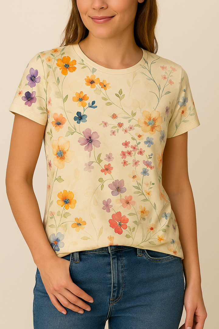 Vintage Blomster T-Skjorte Luftig Komfort med en Retro Twist