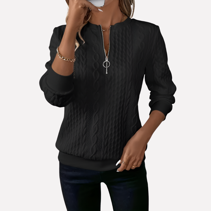 Kvinnes Kabel Strikket Pullover med Glidelås Hals