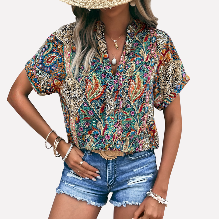 Kvinners Casual V-Hals Paisley Print Drop-Skulder Bluse