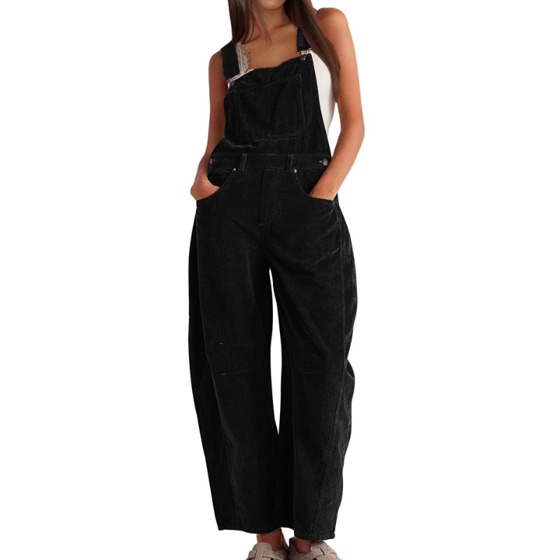 Bukse med smekke i kordfløyel til dame, vide ben – avslappet utility-jumpsuit