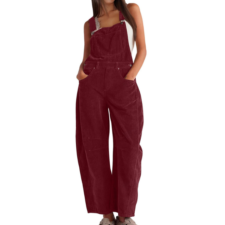 Bukse med smekke i kordfløyel til dame, vide ben – avslappet utility-jumpsuit