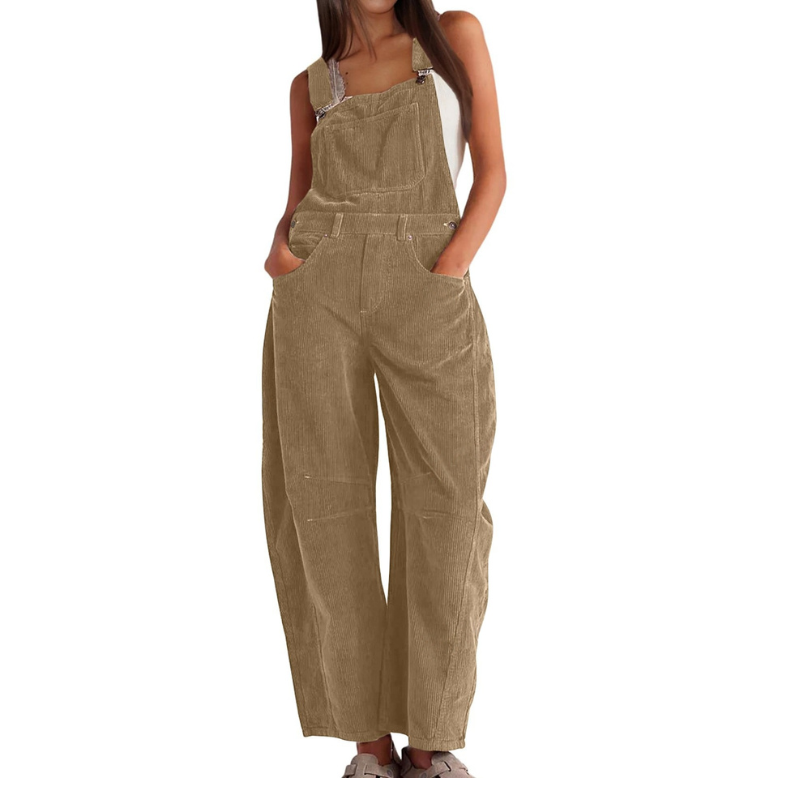 Bukse med smekke i kordfløyel til dame, vide ben – avslappet utility-jumpsuit