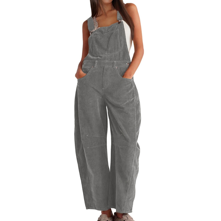 Bukse med smekke i kordfløyel til dame, vide ben – avslappet utility-jumpsuit