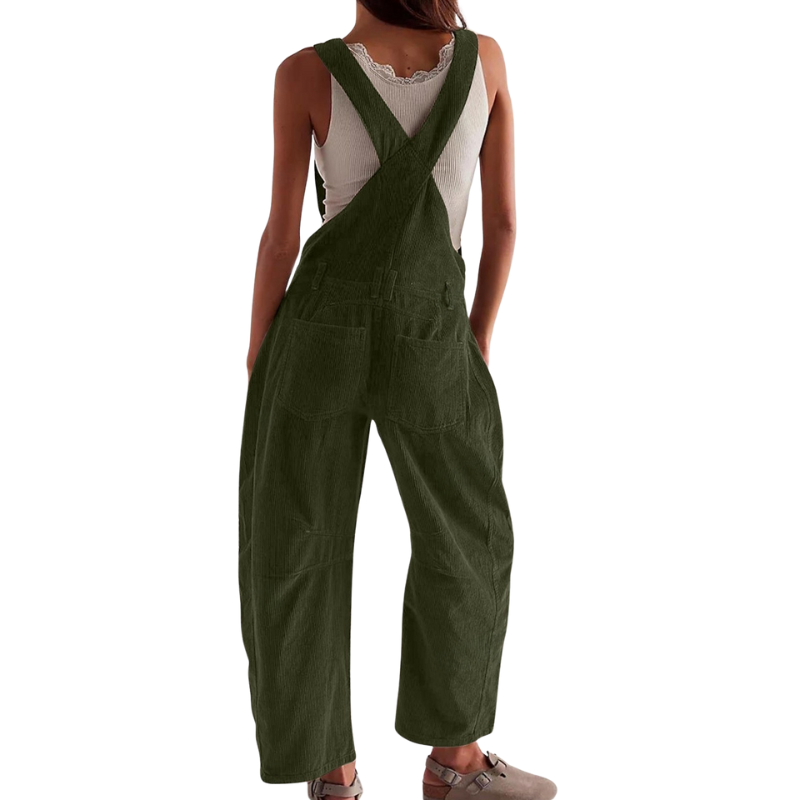 Bukse med smekke i kordfløyel til dame, vide ben – avslappet utility-jumpsuit