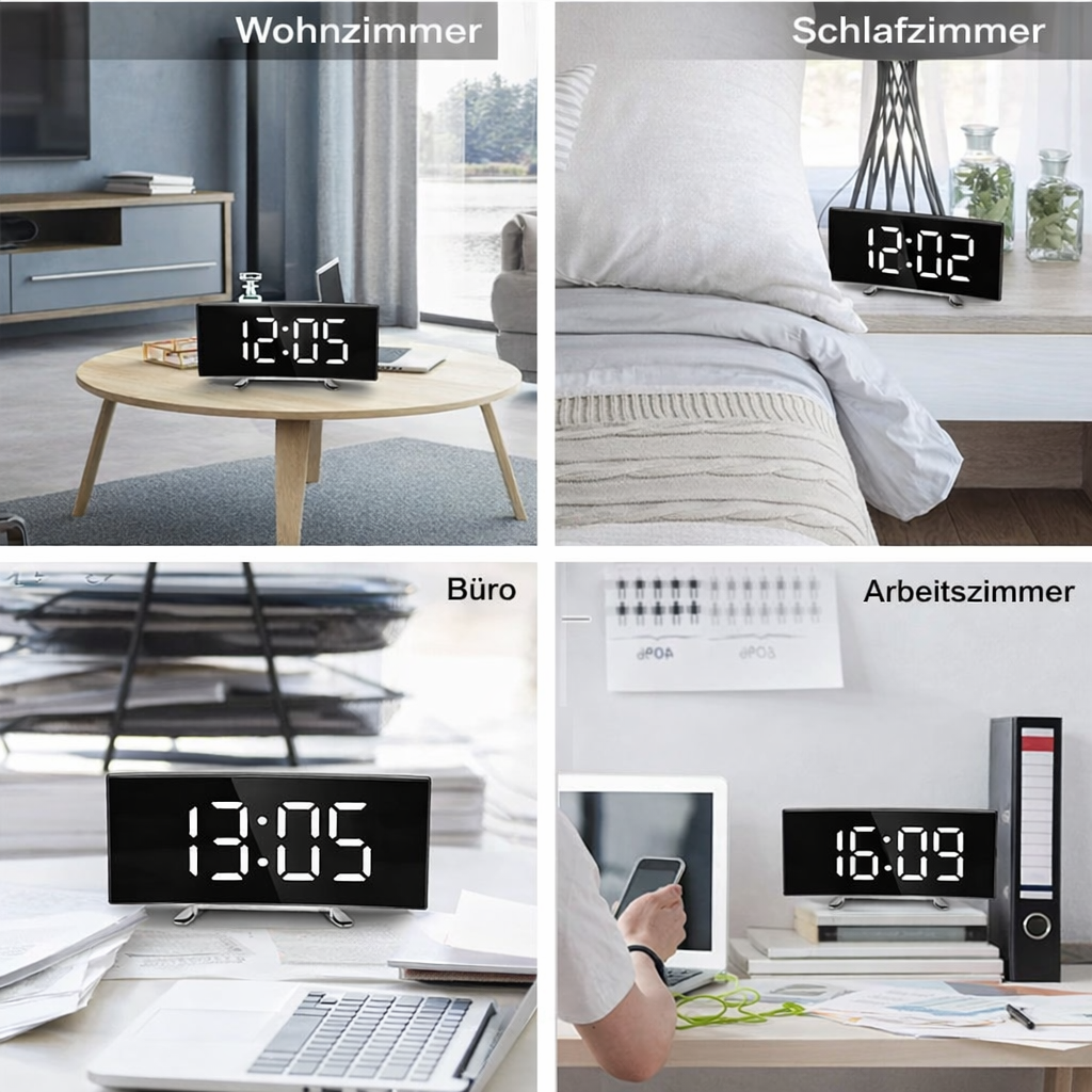 Digital klokke | LED-vekkerklokke med speil | Automatisk dimming uten blending | CurveClock