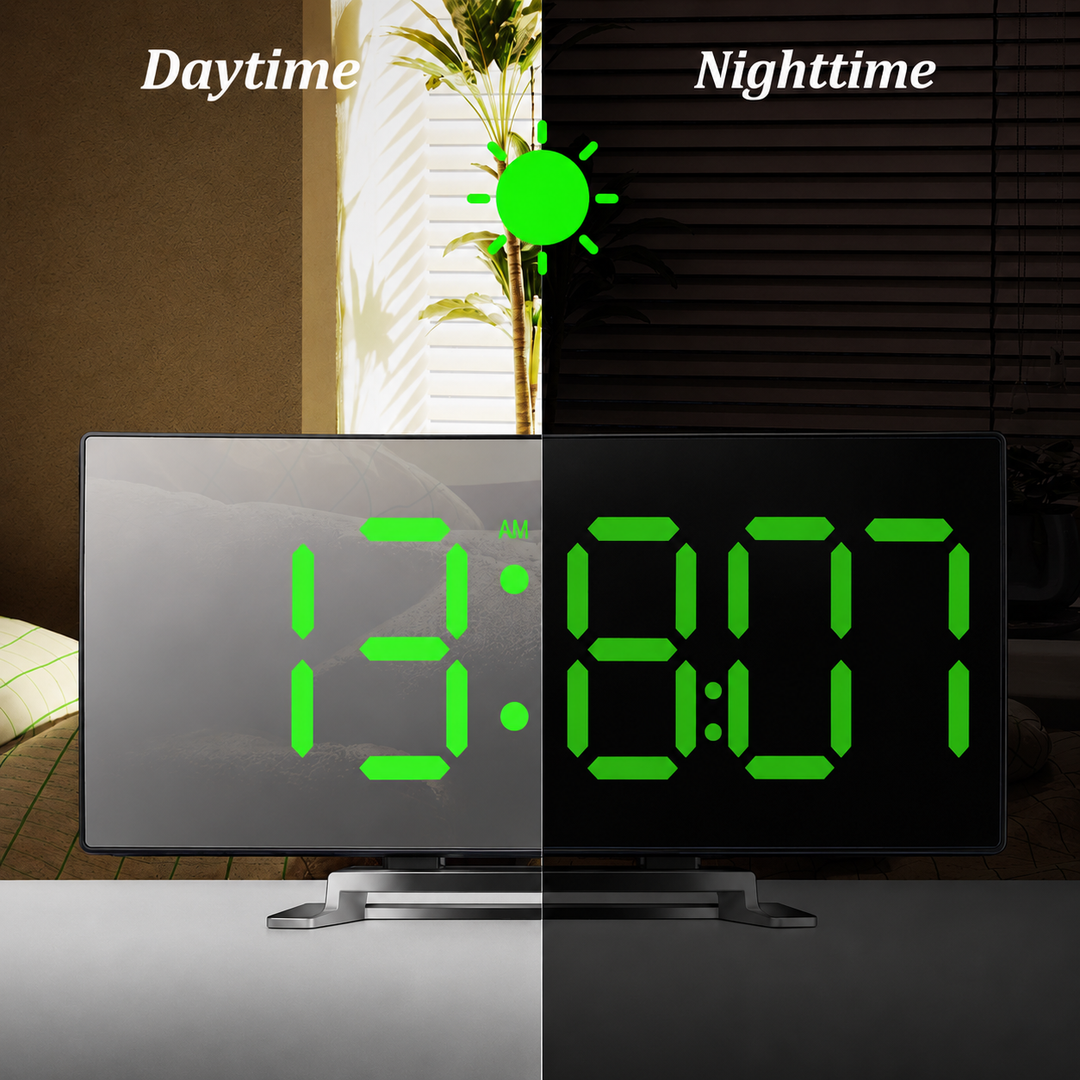 Digital vekkerklokke | Buet LED-speildisplay | Automatisk lysstyrkejustering