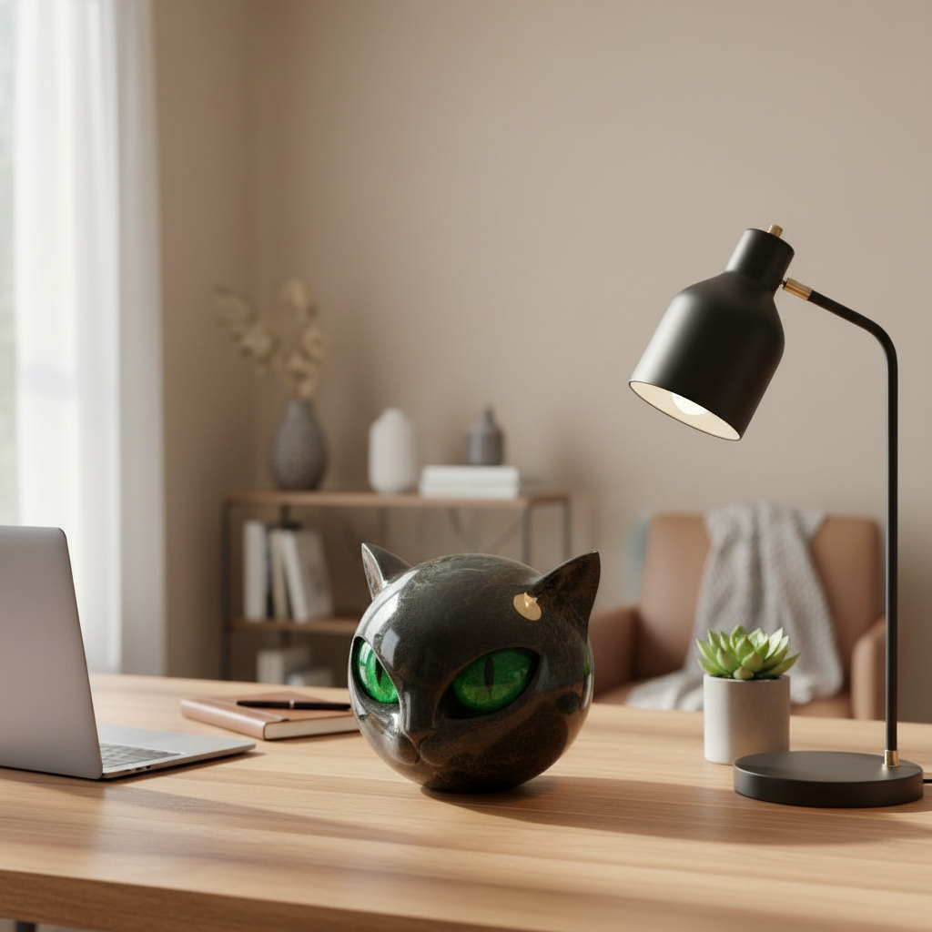 NoirCat-skulptur – Svart Katthode med Hypnotiske Øyne
