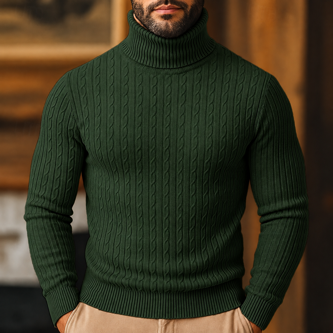 Høyhalset genser til herre med kabelmønster – finstrikket pullover