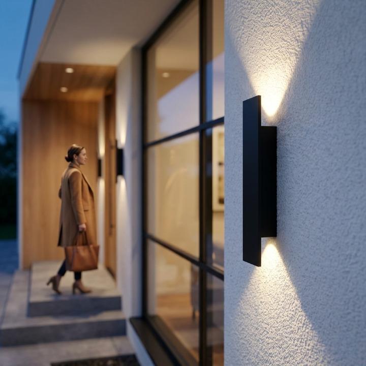 LED-vegglampe for utendørs bruk med opp- og nedlys – værbestandig, beskyttelsesgrad IP65