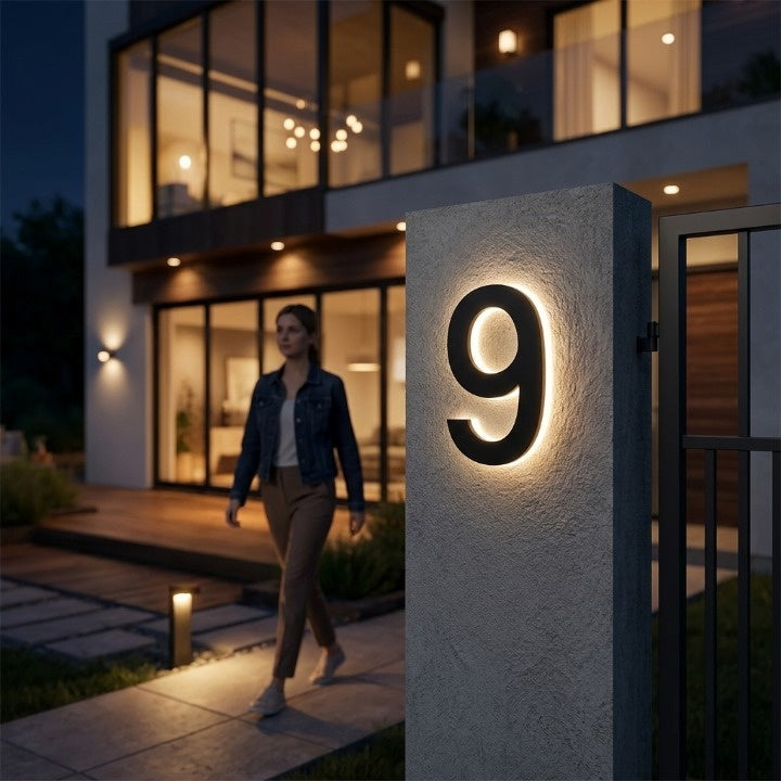 LED-husnummerskilt med bakgrunnsbelysning – moderne, opplyst inngangsskilt