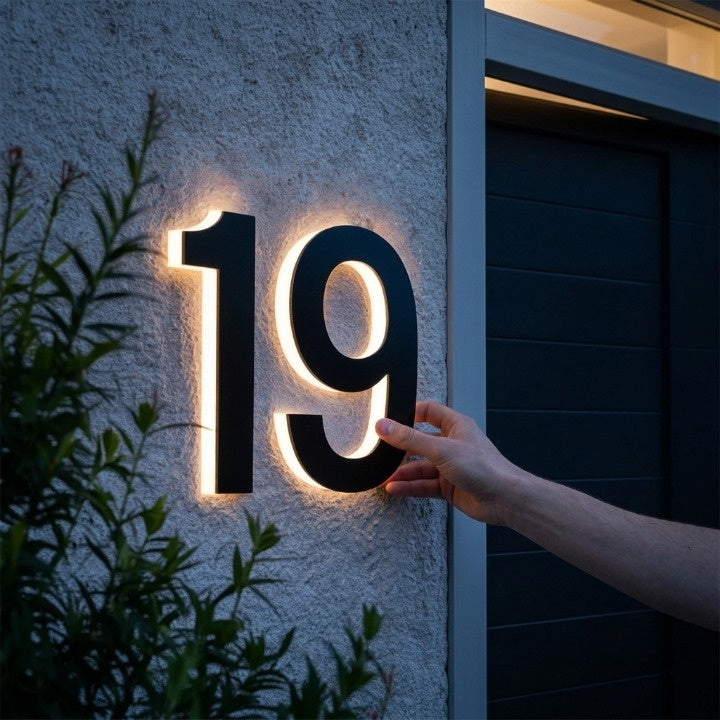 LED-husnummerskilt med bakgrunnsbelysning – moderne, opplyst inngangsskilt