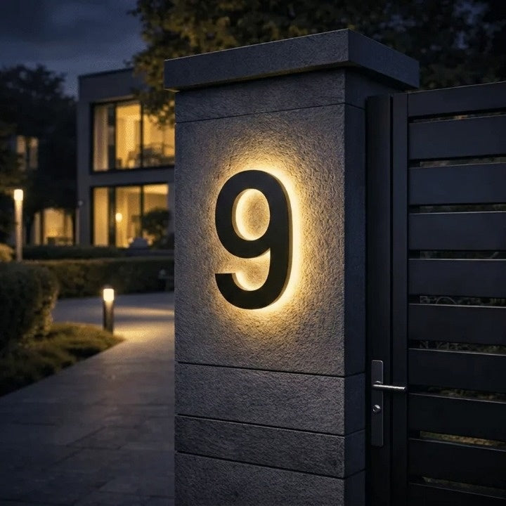 LED-husnummerskilt med bakgrunnsbelysning – moderne, opplyst inngangsskilt