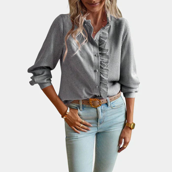 Stripet Kvinners Bluse med Volanger og Elegant Knappelukking