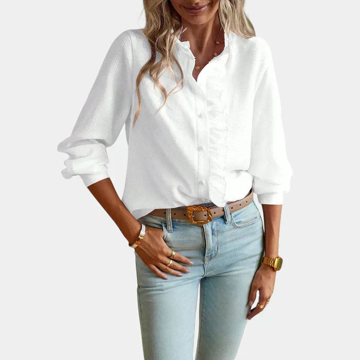 Stripet Kvinners Bluse med Volanger og Elegant Knappelukking