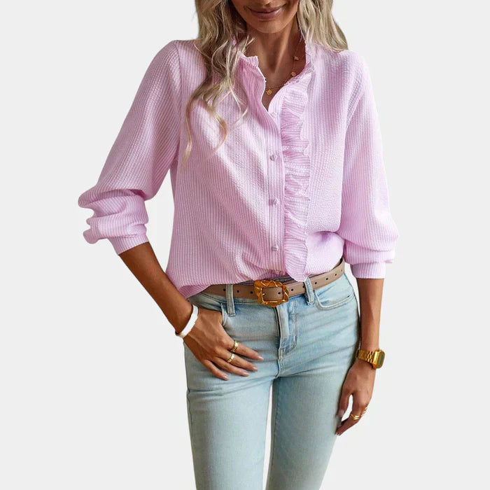 Stripet Kvinners Bluse med Volanger og Elegant Knappelukking