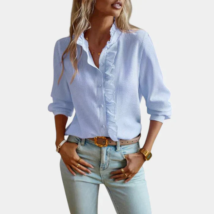 Stripet Kvinners Bluse med Volanger og Elegant Knappelukking