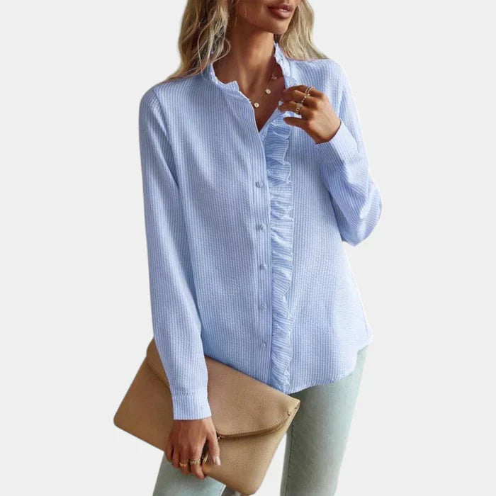 Stripet Kvinners Bluse med Volanger og Elegant Knappelukking