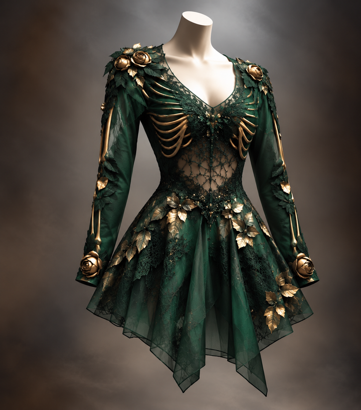 Gotisk minikjole med lange ermer og V-hals til dame med bein- og blomsterdetaljer