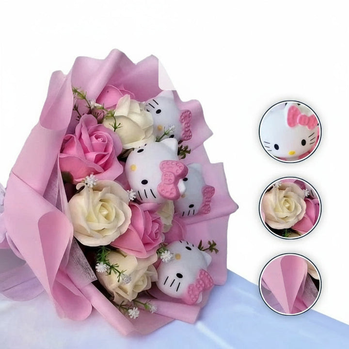 Bukett med fargerike kunstige blomster og Kitty-figurer til gave og pynt