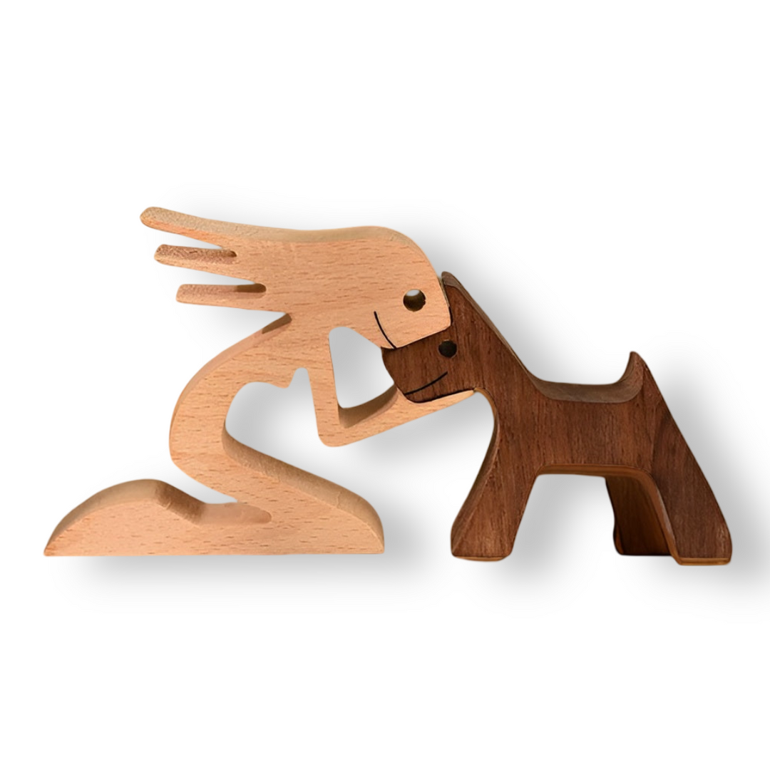 Paws of Love - Hund og Mann Skulptur i Håndlaget Tre - Symbol på Evig Bånd