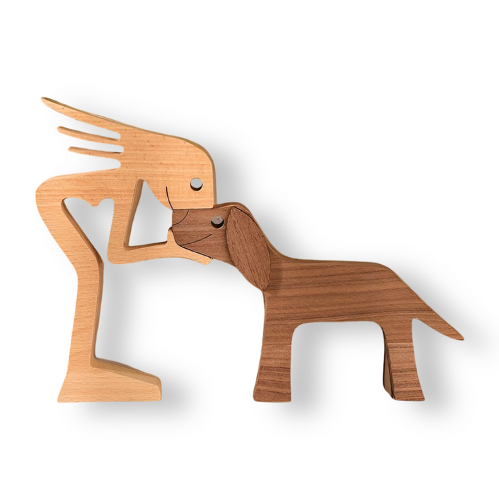 Paws of Love - Hund og Mann Skulptur i Håndlaget Tre - Symbol på Evig Bånd