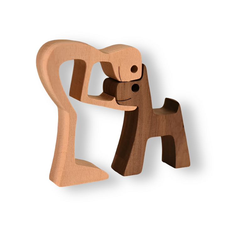 Paws of Love - Hund og Mann Skulptur i Håndlaget Tre - Symbol på Evig Bånd