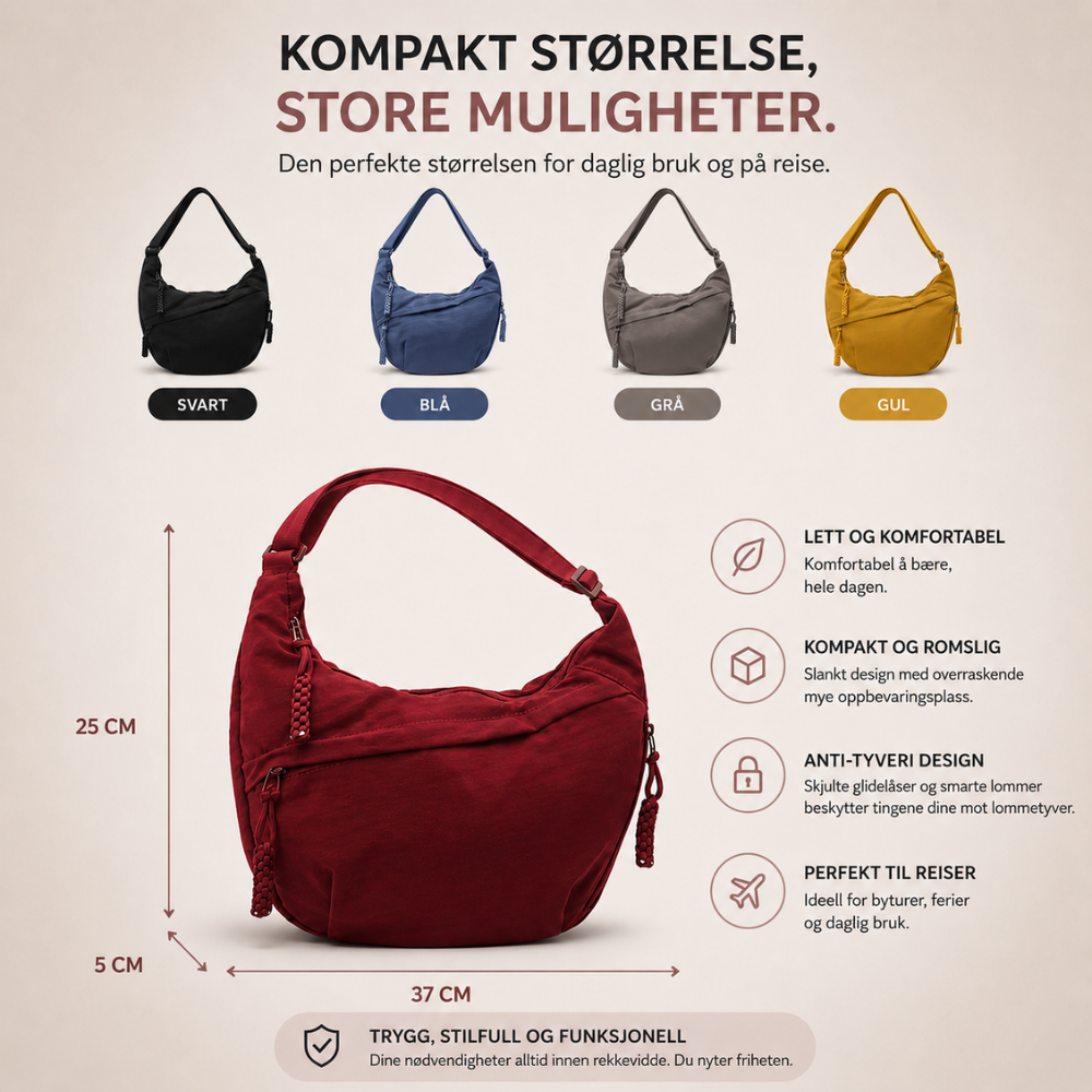 Skulderveske - justerbar bærestropp, crossbody i nylon med flere lommer