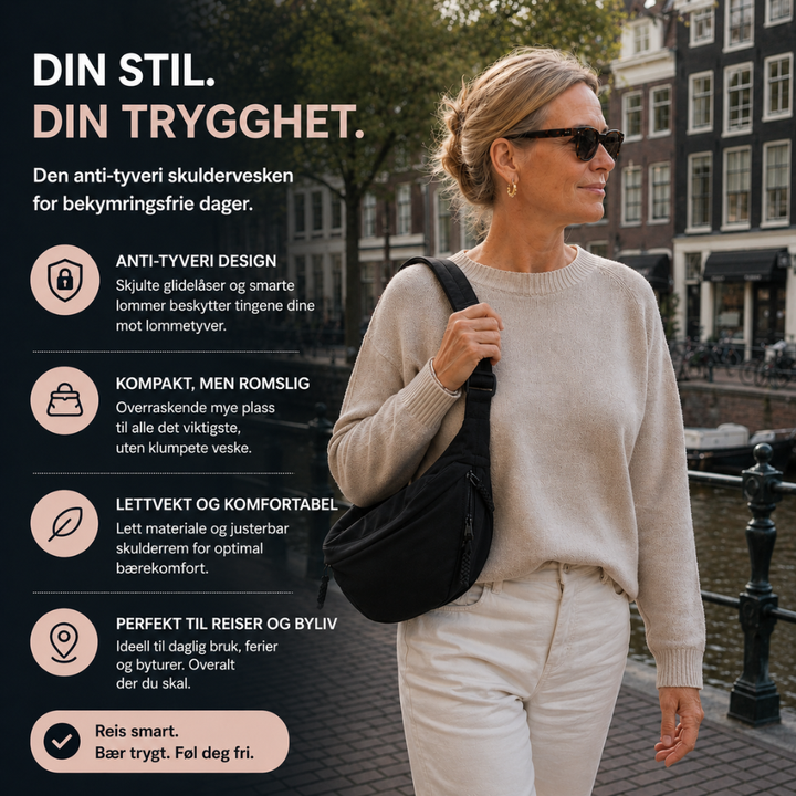Skulderveske - justerbar bærestropp, crossbody i nylon med flere lommer