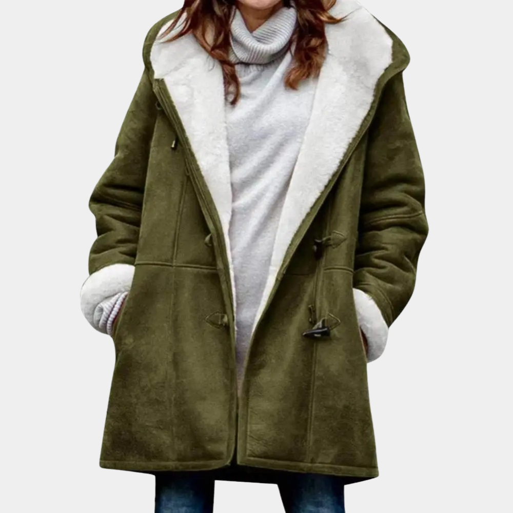 Dames winterjas, olijfgroen, met capuchon en witte voering, knoopsluiting, lange mouwen, warme en stijlvolle wintermode.