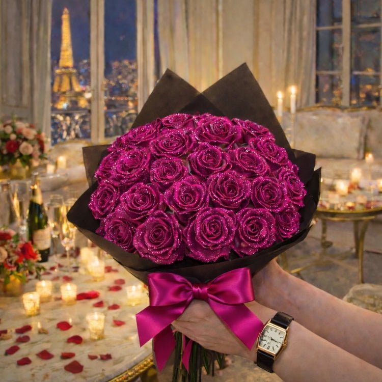 Gave med Glitrende Roser – Enkel Rose eller Rosebukett i Elegant Gaveeske